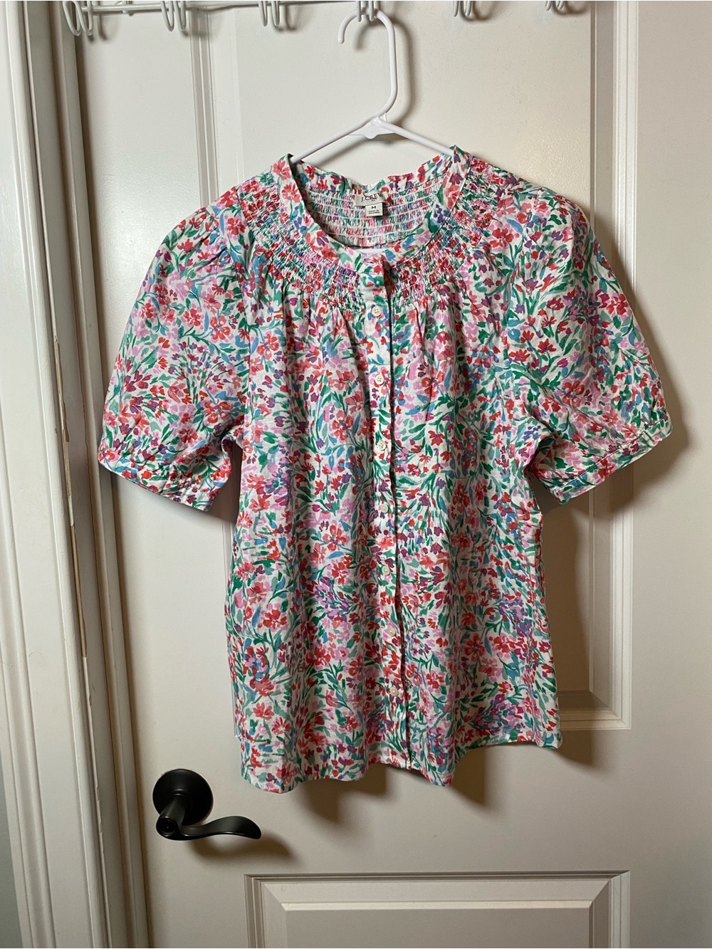 J. Crew Linen Blend Pink and Green Floral Smocked Button-Front Blouse